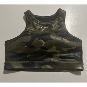 Nike Women's Dri-Fit Sports Bra High-Neck Green Camo Swoosh Logo XS